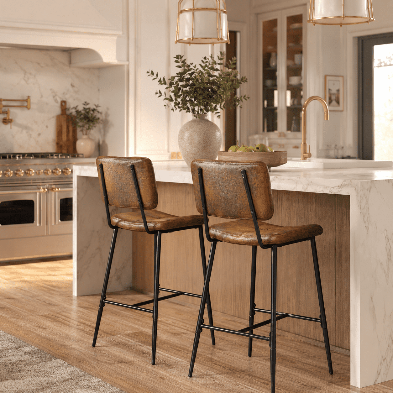 Homy Casa Compact Counter Height Stools Set of 2, Brown Upholstered Bar Chairs for Apartment Kitchen