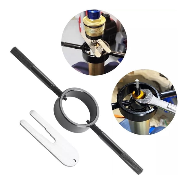 Premium Motorcycle Fork Spring Compressor Tool- Reliable, Versatile, And 1 Set centered front-facing view of two stainless steel fork spring compressor tools. Tubular clamp bodies with threaded adjustment rods and hooked ends grip cartridge rods; brushed metal finish shown on white background. Designed for compression and removal of inverted front fork springs on sportbikes, cruisers and touring bikes; often used as a cartridge rod holding tool during maintenance.