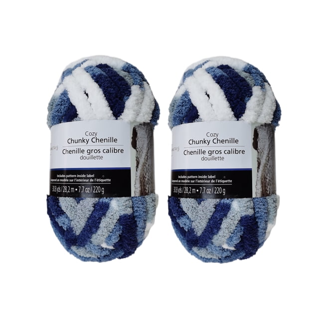 MAINSTAYS 2 pack By The Sea polyester yarn in chunky chenille style with blue, white, and navy stripes. Each 220g ball measures 28.2 meters, ideal for knitting blankets, pillows, and cozy home décor accessories.