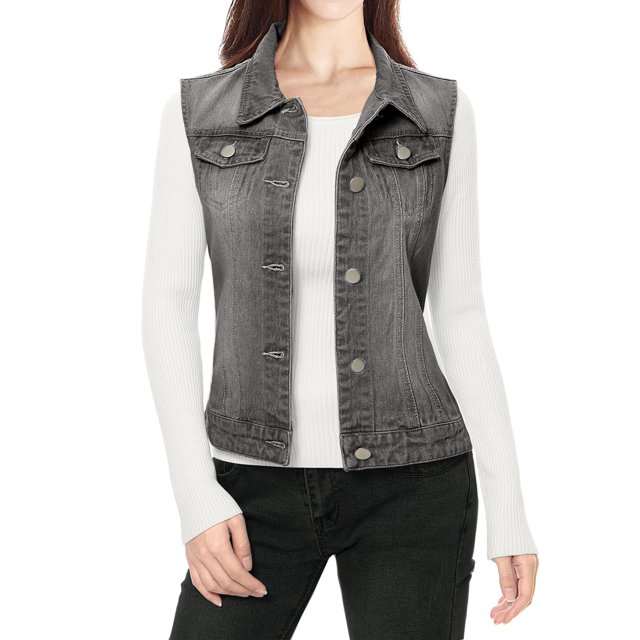 INSPIRE CHIC Women's Denim Vest Sleeveless Button Washed Jacket Gray XS