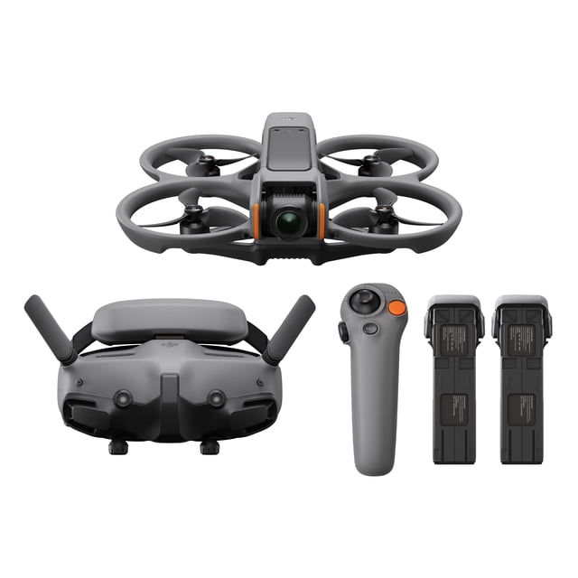 DJI Avata 2 Fly More Combo with grey FPV drone featuring built-in propeller guards and front camera, DJI Goggles 3 with dual antennas, grey DJI RC Motion 3 controller with orange trigger, and two intelligent batteries on white background, ideal for immersive FPV flying and aerial footage capture.