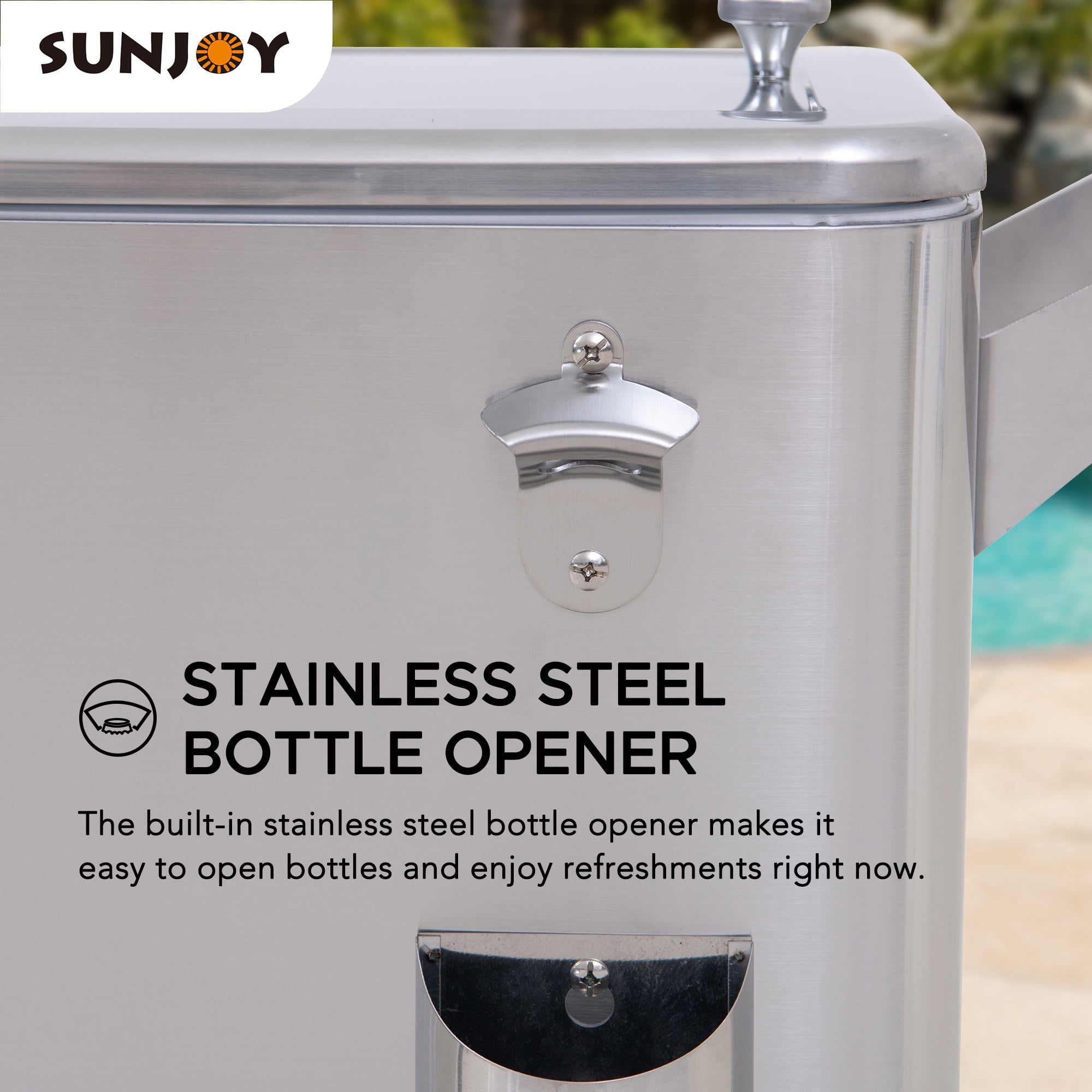 Sunjoy 80 Quart Patio Cooler Cart Stainless Steel Rolling Ice Chest With Steel Bottle Opener, Shelf And Lockable Wheels