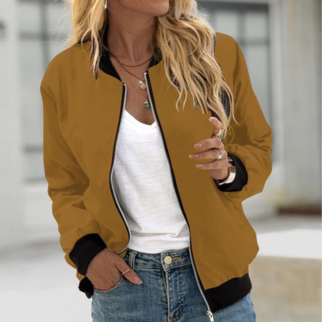 EQWLJWE Liquidation d'Économies d'Été! Veste Bomber de Baseball Zippée à Poches Unie Décontractée pour Femmes, Manteau
