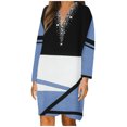 thumbnail image 1 of Pompotops Robe Mi-Mollet pour Femme, Mode Rétro, Imprimé Géométrique, à Panneaux, Manches Longues, Col en V, en Solde, 1 of 5