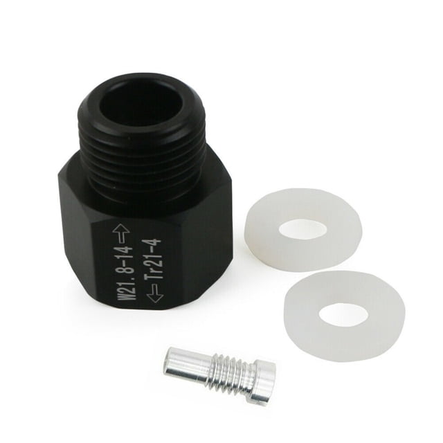 T21-4 to W21.8-14 adapter converter for CO2 cylinder compatible with Sodastream, designed for soda maker parts and kitchen appliance accessories. Made of durable black zinc alloy with clear thread specifications. Includes two white seals and a silver valve pin for secure, leak-free assembly.