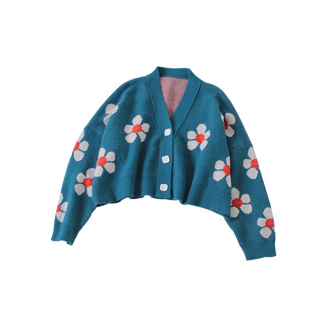 Kmbangi Women Loose Knitwear, Flower Pattern Long Sleeve V-neck Button Down Cardigan