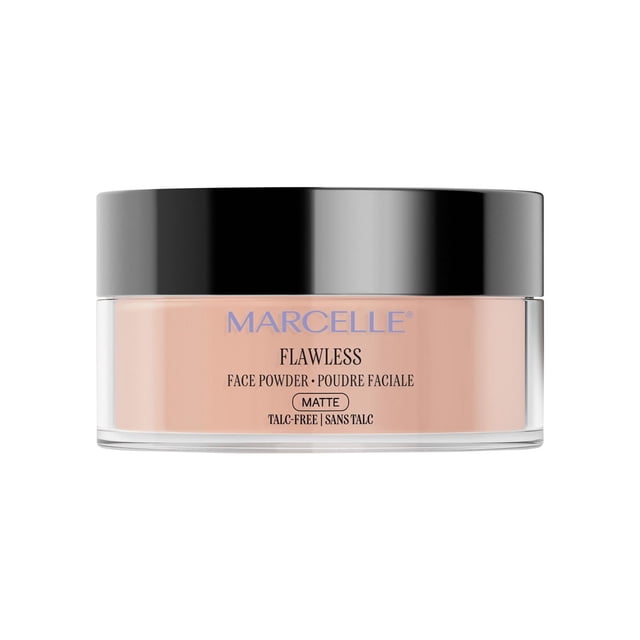 Marcelle Talc-Free Flawless Loose Face Powder in a clear round jar with black lid, featuring matte light beige powder that controls shine and sets makeup for long-lasting wear, ideal for all skin types and suitable for baking under eyes.