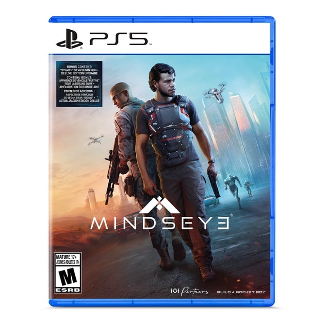 MindsEye (PS5) game cover showing two armed characters in tactical gear standing back-to-back in a near-future desert cityscape with drones and robotic enemies approaching, representing a narrative-driven single-player action-adventure thriller set in Redrock.
