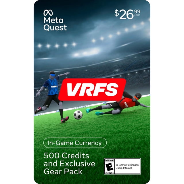 Ensemble Ultime VRFS 26,99 Meta Quest Carte-Cadeau code Numérique Montrant Deux Joueurs de soccer Animés sur un Terrain de Stade, l'Un dans un Chandail VRFS Bleu Qui Donne un Coup de Pied au Ballon de soccer et l'Autre dans un Chandail VRFS Rouge Qui Glisse pour Défendre, Mettant en Valeur 500 Crédits en Jeu et un Ensemble d'Équipement Exclusif pour le Match de Simulateur de soccer.