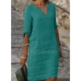 thumbnail image 1 of JUNWELL Robe Courte Vintage Unie Femme Mode Été Col en V Manches Trois Quarts Coton Lin Robes de Soirée Dames Décontracté Femme Vestidos, 1 of 7
