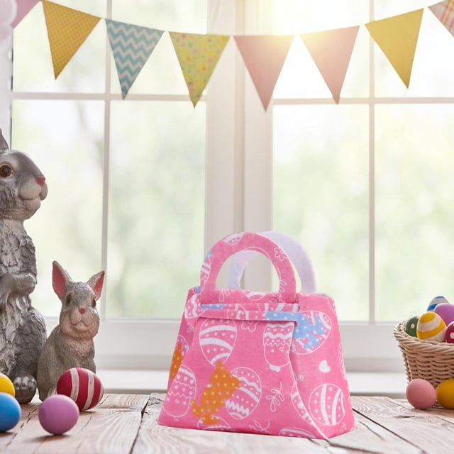 Yunuuuoa Easter Bunny Tote Bag Foldable Ears Storage Container Drawstring Bag Reusable Cloth Pouch for Easter Egg Hunt Party Favors Gift Basket
