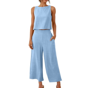 Fankiway 2Pc Fashion Woman Round Neck Solid Sleeveless Blouse +Loose Pockets Pants Sets Womens Workout Clothes Women Clothes Sets