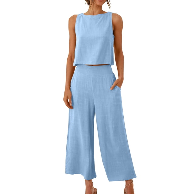 Cameland Ensemble Mode Femme 2 Pcs Blouse Sans Manches Col Rond + Pantalons à Poches Amples