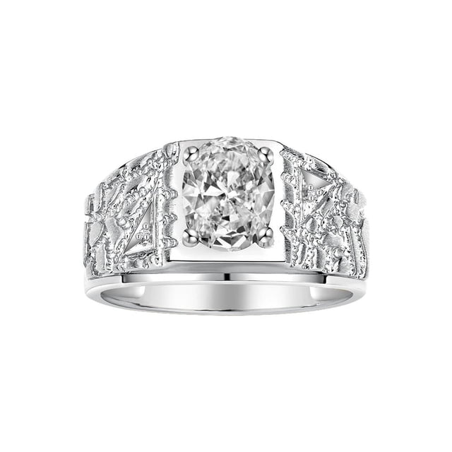 RYLOS Men's Rings 14K White Gold Designer Nugget Ring Oval 9X7MM Gemstone & Diamonds White Topaz April Birthstone Rings For Man Size 10