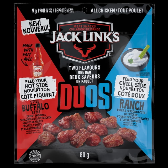 Jack Link’s Duos Buffalo Style and Ranch Chicken Tender Bites 80g bag featuring two flavors of dried, smoked chicken meat snacks with Buffalo Style on red and Ranch on blue, providing 9g protein per serving as a convenient high-protein snack option.