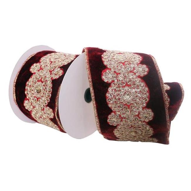 Vickerman Q222310 4 in. x 5 Yard Wine Velvet Ribbon with Light Gold Sequin Embroidery Wired Edge Christmas Ribbon