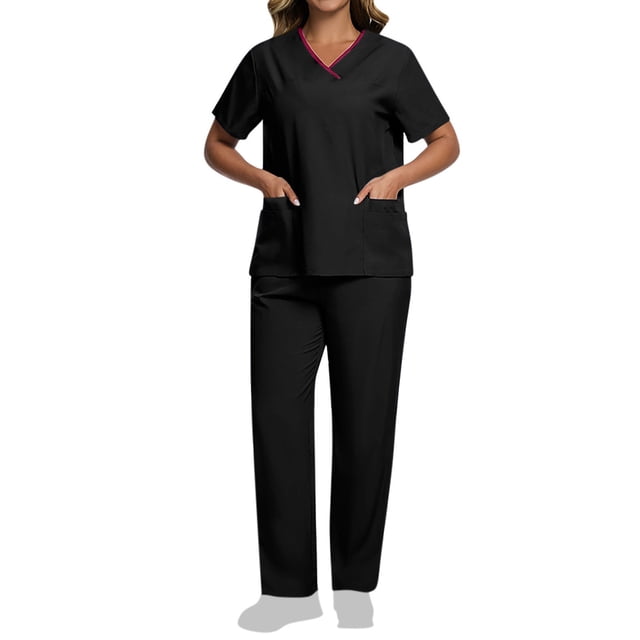V Neck Scrubs for Women Set Scrubs Top Drawstring Straight Pants 4 Way Stretch Medical Nursing Uniforms Matching Sets