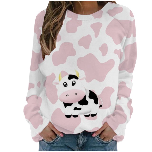 CEHVOM Womens Shirts Round-Neck Print Long Sleeve Tops Printed Regular Blouse Clearance