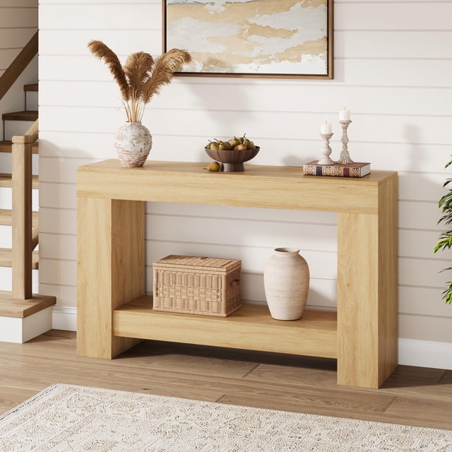 Longue Table Console, Table de Canapé Style Ferme à 2 Niveaux derrière le Sofa, Console d'Appoint Rectangulaire avec Rangement pour Couloir, Vestibule, Entrée