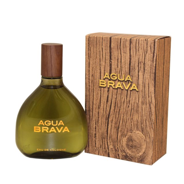 Agua Brava Puig pour Hommes, 6,7 Onces. une Eau de cologne Sophistiquée au Parfum Mousseux et Boisé, Présentée dans une Bouteille en Verre Verte Arrondie avec un Capuchon en Bois. l'Emballage Présente un Motif Grain de Bois avec le Nom de la Marque en Texte Jaune Audacieux. Créé par Antonio Puig en collaboration avec les Parfumeurs Rosendo Mateu et Marcel Carles, Ce Parfum Comprend des notes de Tête Aromatiques de Genévrier, de Lavande et de Sauge, Complétées par des Agrumes, de la Bergamote et du Citron