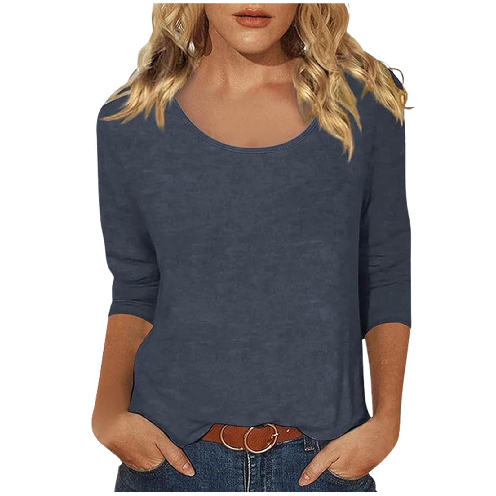 Hiiyo T-Shirt à Manches 3/4 pour Femme à Col Rond, T-Shirt Décontracté Uni, Bleu Marine TTG