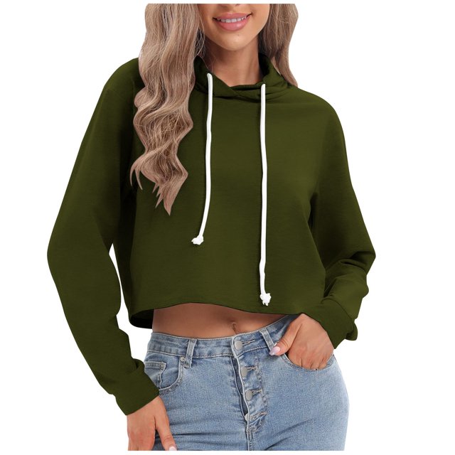 Penkiiy Chandails à Capuche pour Femmes Mode Chandail à Col Rond Manches Longues Blouse à Capuche Chandail en Molleton Vert Armée Vêtements Y2K