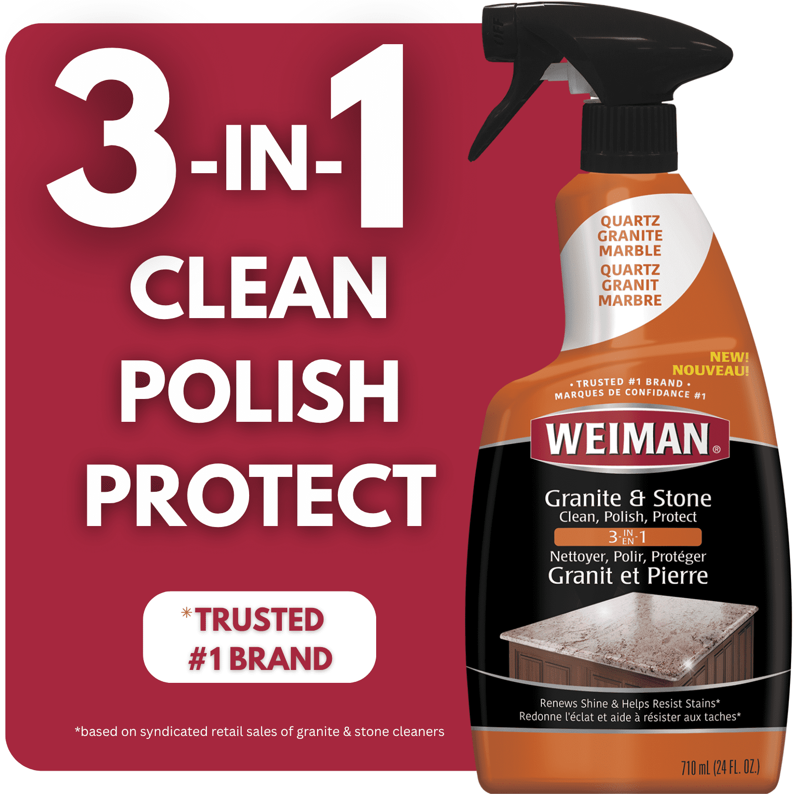 Weiman 3-In-1 Granite Clean, Polish & Protect Spray, Renews Shine, Resists Stains, 710ml
