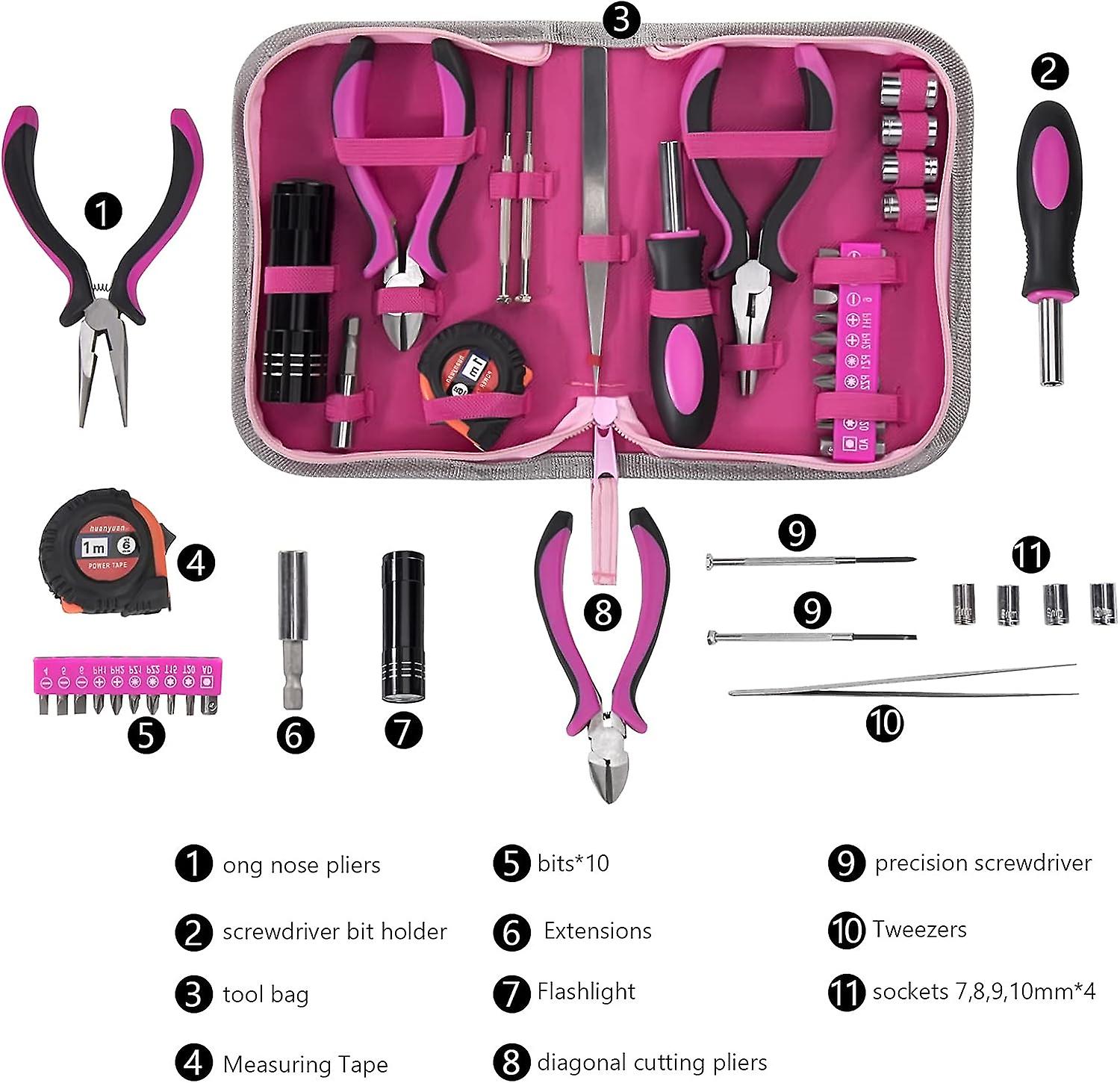 Pink Tool Kit 23 Pieces Women Home Tool Set with Tape Measure Pliers Cutting Pliers Sockets Screwdrivers for DIY and Home Repair Office