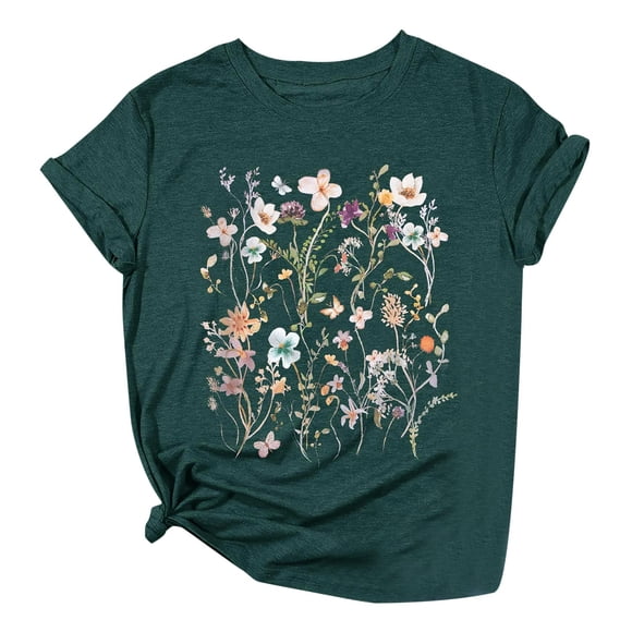 Wijhcboe 2025 Women Floral Print Short Fashion Womens T Shirt T Crew Neck Short Extra Large Women Sleeve T Shirt Top Long Sleeve Compression Shirts for Women Long Sleeve Shirts for Women Fall Long Sl