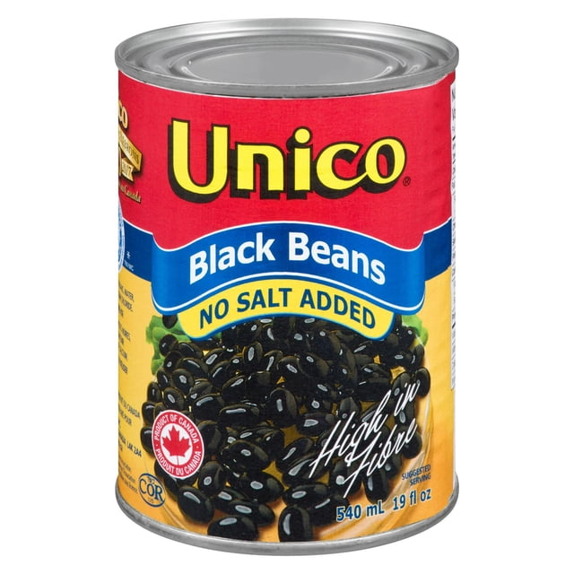 Unico Haricots Noirs Sans Sel Ajouté en Conserve avec Étiquette Rouge, Bleue et Jaune Présentant une image de Haricots Noirs, Allégation Riche en Fibres, 540 ml (19 fl oz), logo du Canada, Idéal pour Soupes, Ragoûts, Salades et Plats de Légumes