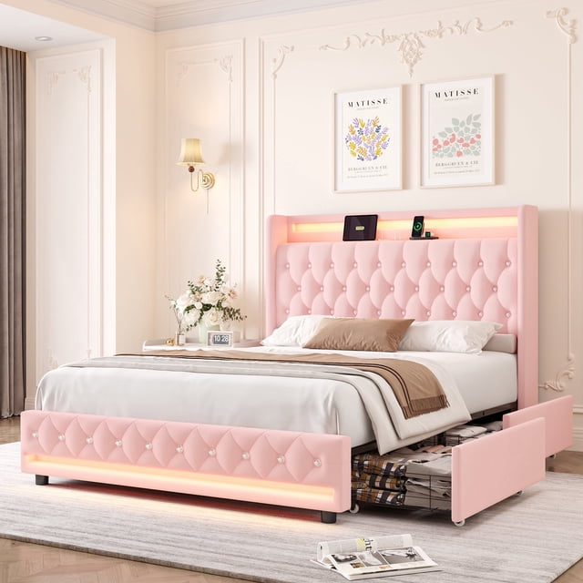 Homfa Full Size LED Bed Frame with 2 Storage Drawers & Charge Station, Modern Wingback Upholstered Platform Bed Frame, Pink Velvet