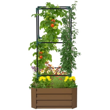 Outsunny Bac de Jardin Surélevé Galvanisé avec Treillis à 3 Niveaux, Cage à Tomates, Brun