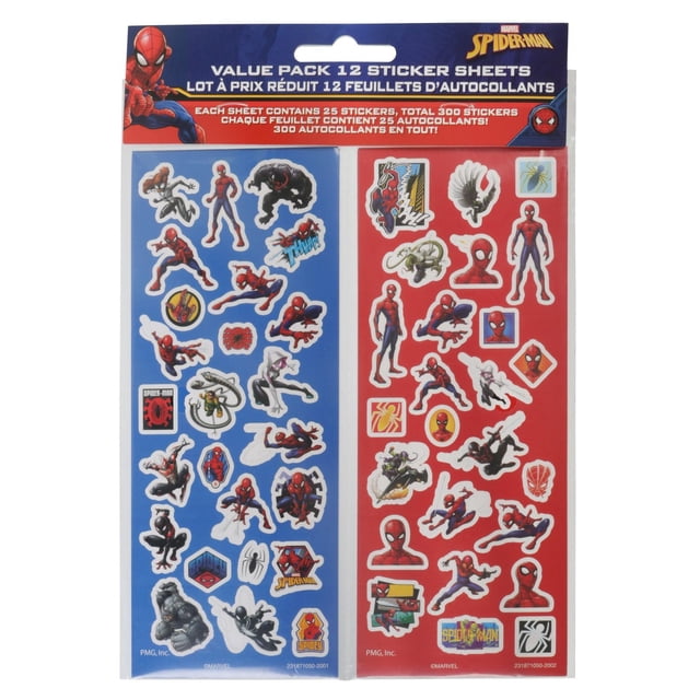 Spider-Man™ Sticker Value Pack with 12 sheets and 300 stickers total, featuring two designs of Spider-Man in various action poses and logos on blue and red backgrounds, perfect for scrapbooking and paper crafts.