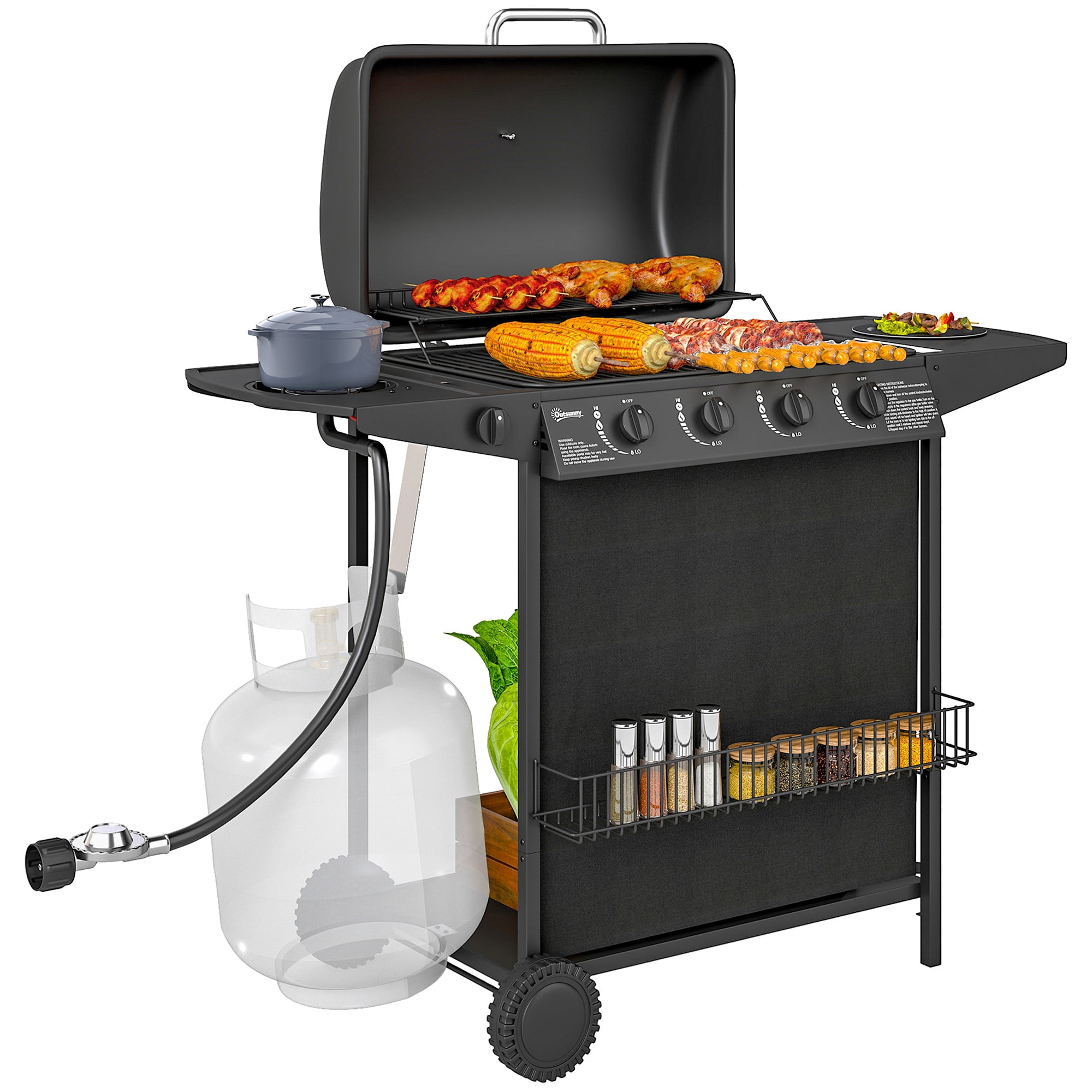 Outsunny 4+1 Burner Propane Gas BBQ Grill, Portable Gas Grill, Black
