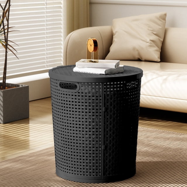 XYAIYT Large Plastic Imitation Rattan Laundry Hamper with Lid for Clothes and Toy Storage Long Lasting and Sturdy with Side Handles for Easy and Ventilation 2.11lb Capacity