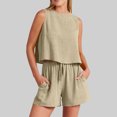 thumbnail image 1 of Birdeem Mode Femme Col Rond Uni Sans Manches Blouse Ample Coton Lin Poches Pantalons Chemises Ensembles, 1 of 12