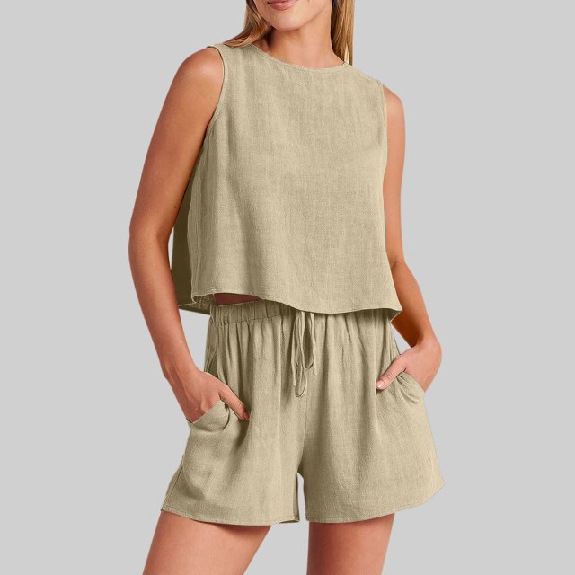 Birdeem Mode Femme Col Rond Uni Sans Manches Blouse Ample Coton Lin Poches Pantalons Chemises Ensembles