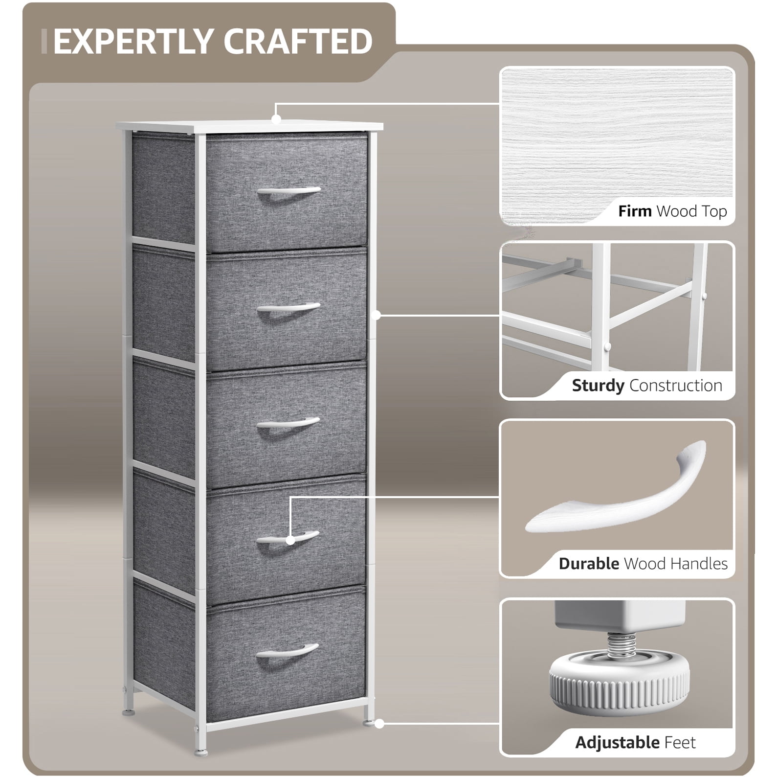 Sorbus Nightstand Dresser with 5 Drawers - Tall Storage Tower Unit Organizer for Bedroom, Hallway, Closet, College Dorm - Chest Drawer for Clothes, Steel Frame, Wood Top, Fabric Bins (White/Gray)
