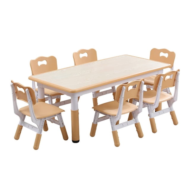 Kids Table and Chairs Set, Height Adjustable Desk with 6 Seats for Ages 2-10,Arts & Crafts Table,Graffiti Desktop, Non-Slip Legs, Max 300lbs, Children Multi-Activity Table for Classrooms,Daycares,Home