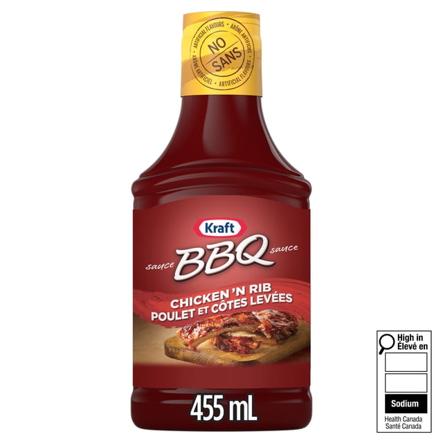 Kraft Chicken & Rib BBQ Sauce in a 455 ml bottle with a yellow cap labeled no artificial flavours, featuring a red label with glazed ribs on a wooden board and bilingual English-French text, ideal for adding rich flavour to chicken and ribs.