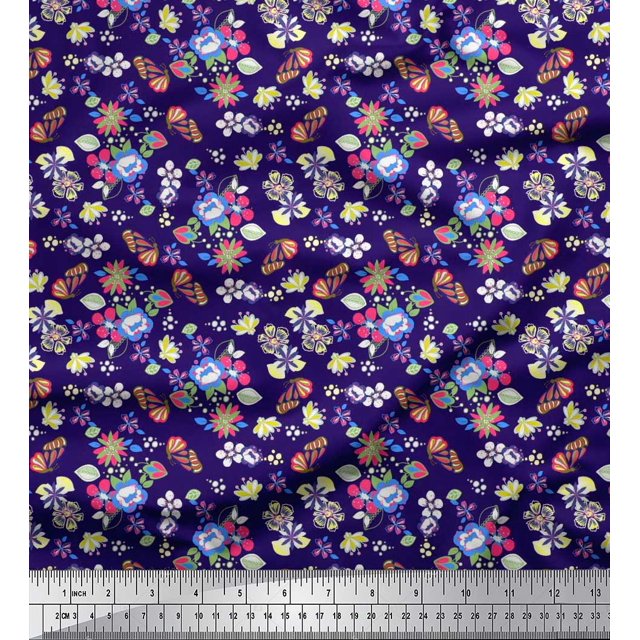 Soimoi Blue Cotton Duck Fabric Leaves,Insect & Floral Artistic Decor Fabric Printed BTY 56 Inch Wide