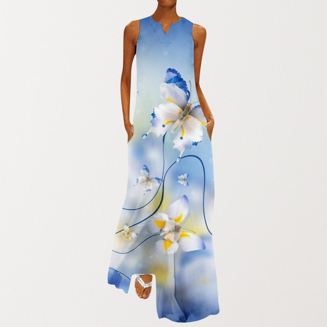 Robes pour Femmes Pulpeuses Été Mode Imprimé Col en V Sans Manches Chandail à Enfiler Robe avec Poches Robe pour Femmes en Liquidation