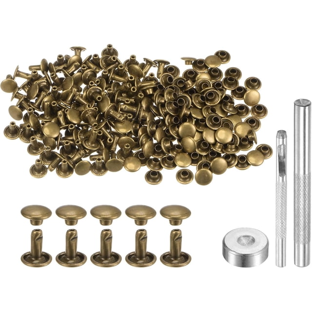 200 Sets Leather Rivets 8 x 8mm Metal Double Cap Rivet Snaps Studs Fasteners with 3pcs Setting Tools Rivets for Leather Craft DIY Repair Decoration, Bronze