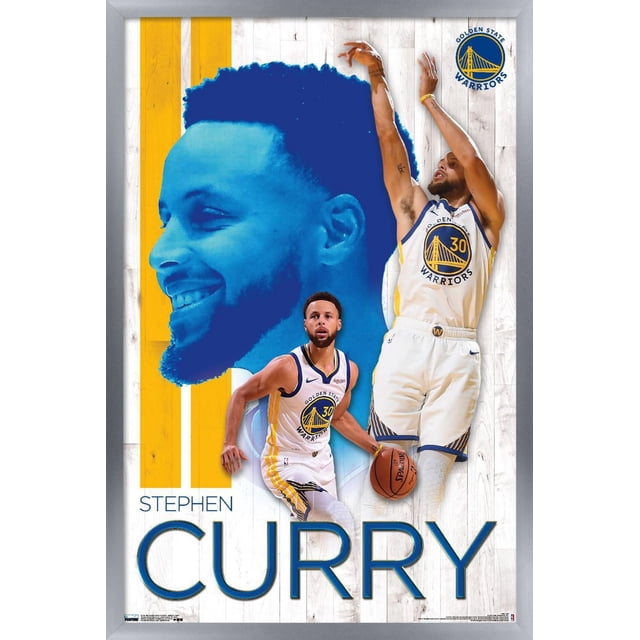 NBA Golden State Warriors - Affiche Murale Stephen Curry 19, 22,375 Po x 34 Po Encadrée Mettant en Vedette Stephen Curry en Blanc, Numéro de Maillot Golden State Warriors 30 pour Dribbler et Tirer un Ballon de basketball, avec une Grande silhouette Graphique Bleue et le logo des Warriors sur un Fond en Planches de Bois Blanches, Convient à la Décoration Murale de Salle de Sport Ou de fan.