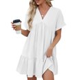 thumbnail image 2 of Robe d'Été pour Femmes 2024 Mode Grande Taille Col en V Couleur Unie Manches Courtes Plissée Coupe Ample Robe Rabais de 50 % Liquidation!, 2 of 9
