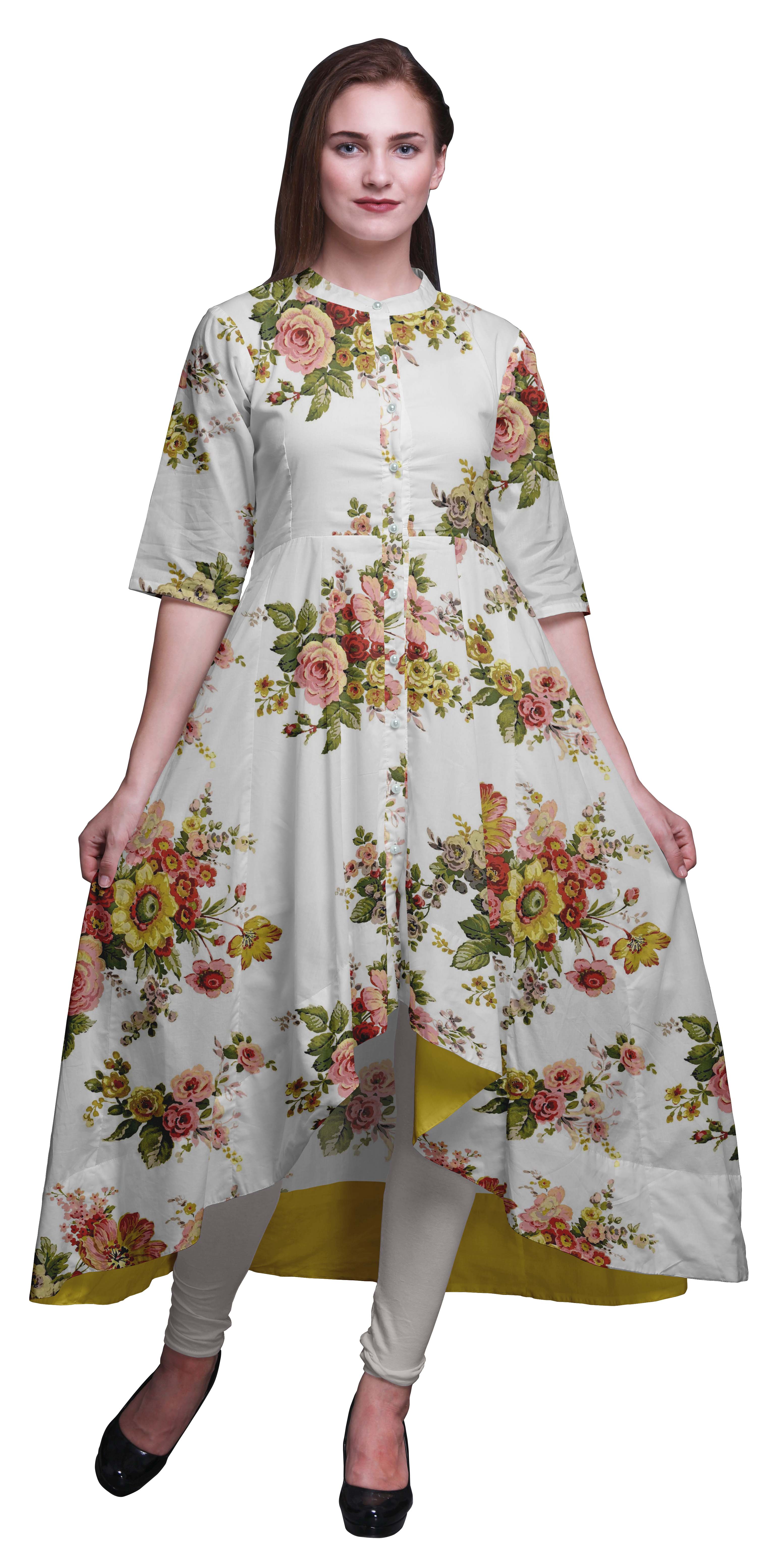 Bimba Kurtis Indiennes Blanches à Motif Floral de Roses pour Femmes, Kurti Anarkali Imprimé, Tunique Longue Asymétrique Coupe Régulière - Très Petit