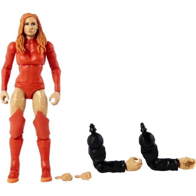 WWE Becky Lynch Survivor Series Collection Élite Figurine d'Action avec Pièces Build-A-Figure Montrant une Figurine Articulée de 6 Pouces en Équipement de Lutte Rouge avec Bas Résille et Genouillères, aux Côté de Deux Pièces de Bras Articulées Noires et de Deux Mains Interchangeables sur un Fond Blanc, Idéale pour Recréer des Mouvements de Lutte signature et Construire une Figurine Rick Rude.