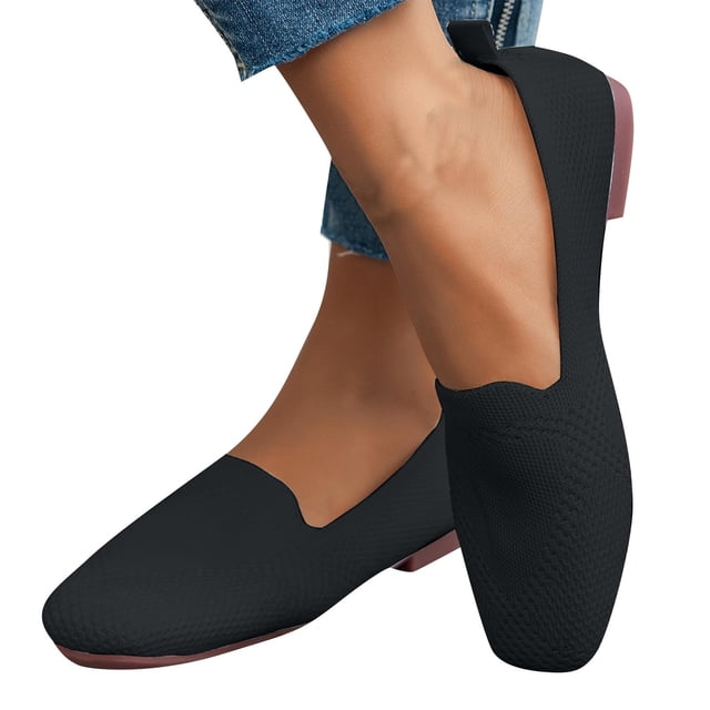 Womens Casual Shoes Large Size Knit Solid Color Simplicity Soft Sole Square Toe Flat Bottom Comfortable Breathable Mesh Walking Shoes Slip on Single Shoes Black