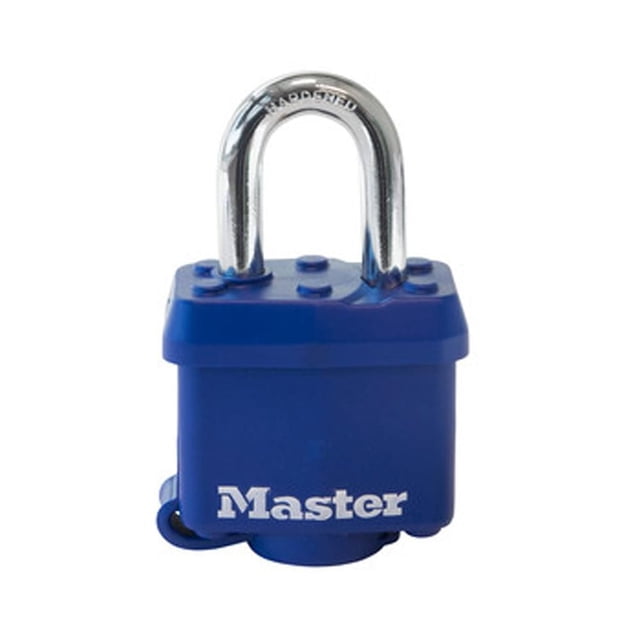 Master Lock Weatherable Laminated Padlock with a 1-9/16 inch (40mm) wide blue laminated steel body, hardened steel shackle, and weather-resistant thermoplastic shell, designed for outdoor security and durability.