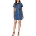 thumbnail image 2 of INSPIRE CHIC Robe-Chemise en Denim pour Femme Col Chemise Manches Courtes Ceinturée Boutonnée Robes en Jean m-Bleu P, 2 of 5